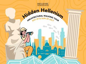 An illustrated image of a boy in yellow with binoculars, hiding behind a marble statue, looking towards the Melbourne skyline and a Grecian column, with a map visible in the foreground. Text at the top of the image reads 'Hidden Hellenism: Architectural Walking Tour, Sat 29 & Sun 30 July.