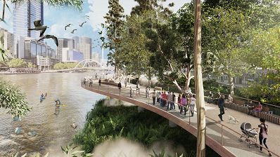 Render of people strolling down a riverside walkway surrounded by eucalyptus trees and ferns. The river is to the left.