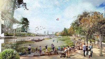 Render of people enjoying a wetlands park with the city in the background. A kite and some birds fly overhead.