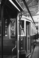 Black and white photo of htt tram.