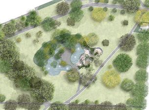 Aerial view concept plan sketch of the memorial shows a lake, the location of garden beds, paths and surrounding trees  set within the Treasury Gardens.