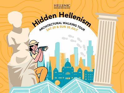 An illustrated image of a boy in yellow with binoculars, hiding behind a marble statue, looking towards the Melbourne skyline and a Grecian column, with a map visible in the foreground. Text at the top of the image reads 'Hidden Hellenism: Architectural Walking Tour, Sat 29 & Sun 30 July.