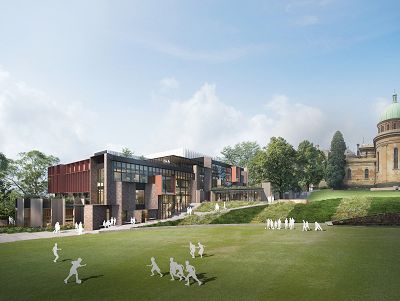 An architectural render shows a contemporary building, a grassy lawn, and white silhouettes of imaginary students.