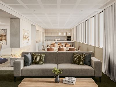 A render of a communal living room, dinning and kitchen area, filled with light streaming from the windows along the side of the room