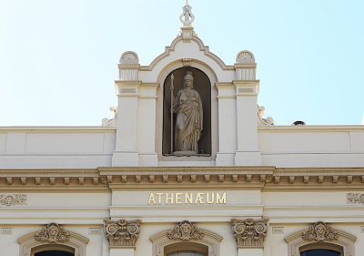 Statue of Athena adorns outside of Athenaeum building.