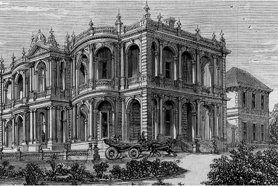 Drawing or engraving of the exterior of an elaborate town house mansion.
