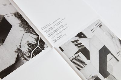 A black and white image shows an excerpt of a book with some poetry and photos of Brutalist architecture.