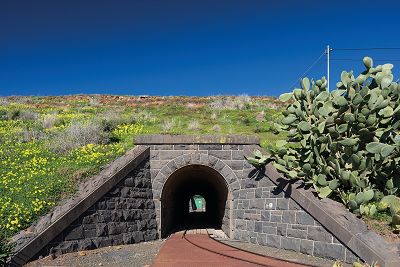 Bluestone tunnel entry sits embedded into grassy blast mound.