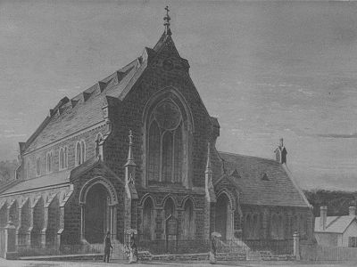 Black and white image of German Lutheran Trinity Church.