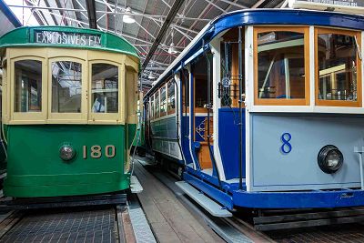 Two trams in tram shed.