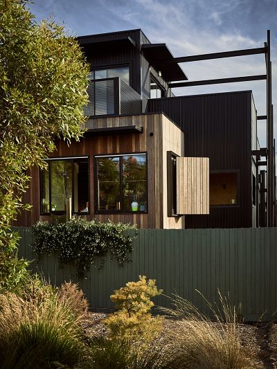 Photo of a timber and steel clad house from a park.